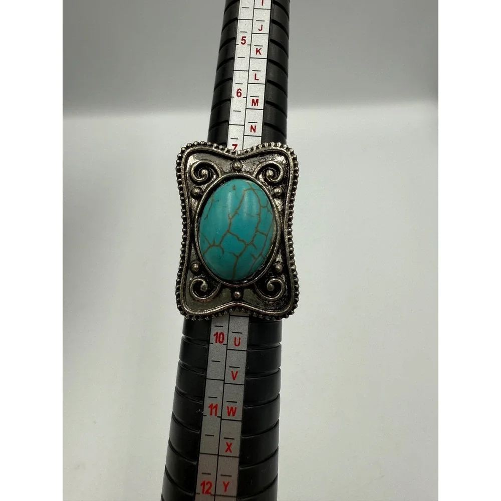 Vintage Faux Turquoise Statement Ring Silver Tone Ornate Scroll Adjustable Band